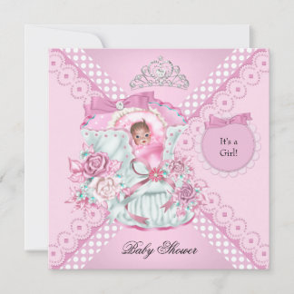 Vintage Baby Shower Girl White Pink Princess Tiara Invitation