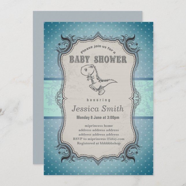 Vintage BABY SHOWER invitation - dinosaur (Front/Back)