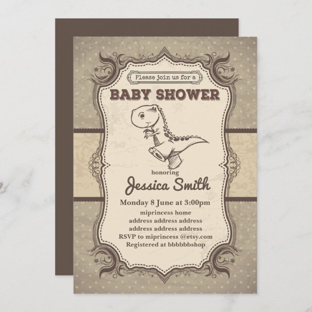 Vintage BABY SHOWER invitation -  dinosaur (Front/Back)