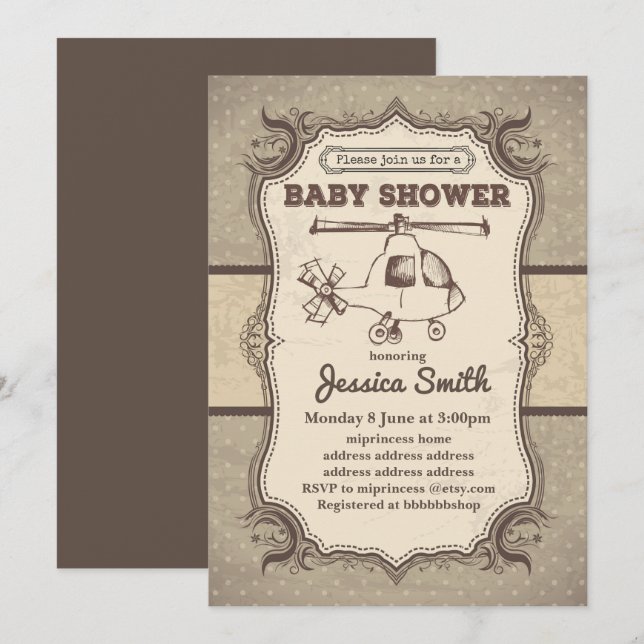 Vintage BABY SHOWER invitation -  Helicopters (Front/Back)