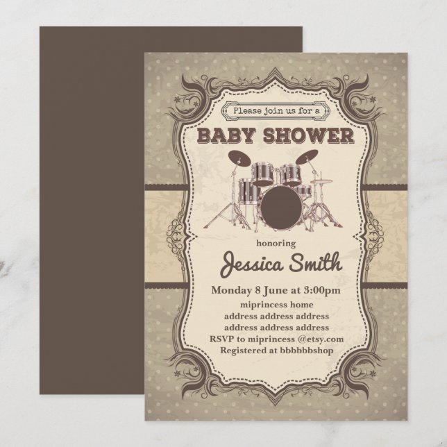 Vintage BABY SHOWER invitation - music drum (Front/Back)