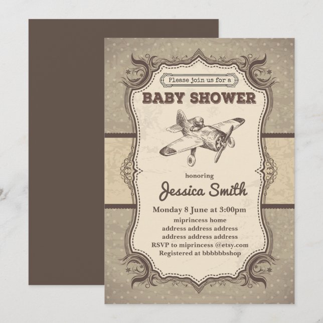 Vintage BABY SHOWER invitation - toy airplane (Front/Back)