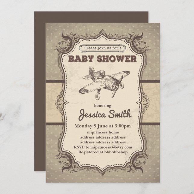Vintage BABY SHOWER invitation - toy airplane (Front/Back)