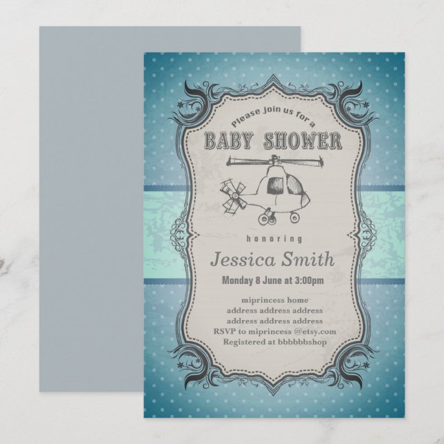 Vintage BABY SHOWER invitation - toy Helicopter (Front/Back)