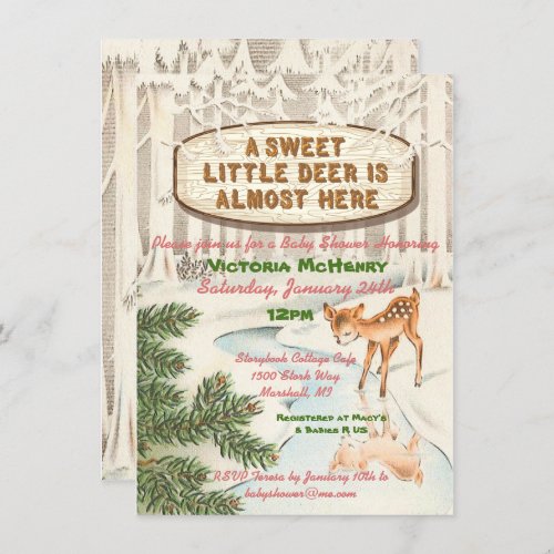 Vintage Baby shower Winter woodland Deer Girl Invitation