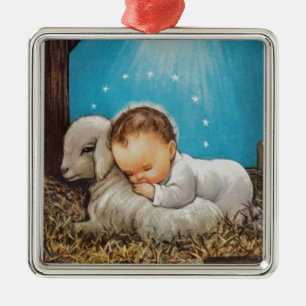 Vintage Baby Sleeping With A Lamb Metal Ornament