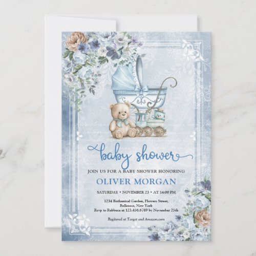Vintage baby stroller and teddy bear and flowers invitation
