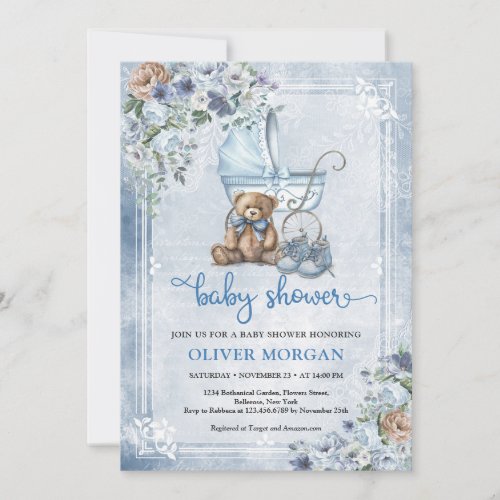 Vintage baby stroller and teddy bear and flowers invitation