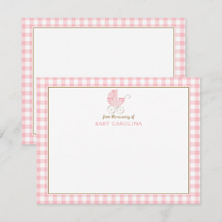 Vintage Baby Stroller Pink Gingham Baby Note Cards