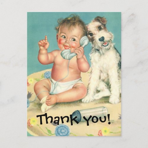 Vintage Baby Talking on Phone Puppy Thank You Postcard