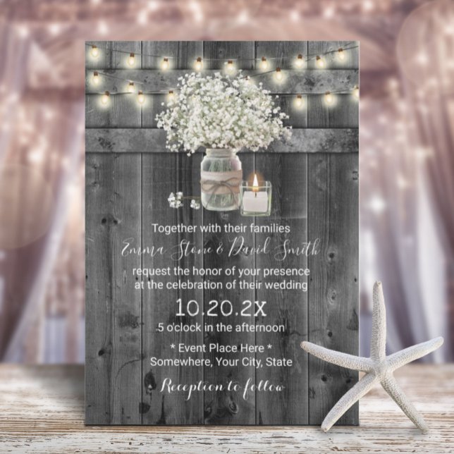 Vintage Baby's Breath Floral Jar Barn Wedding Invitation