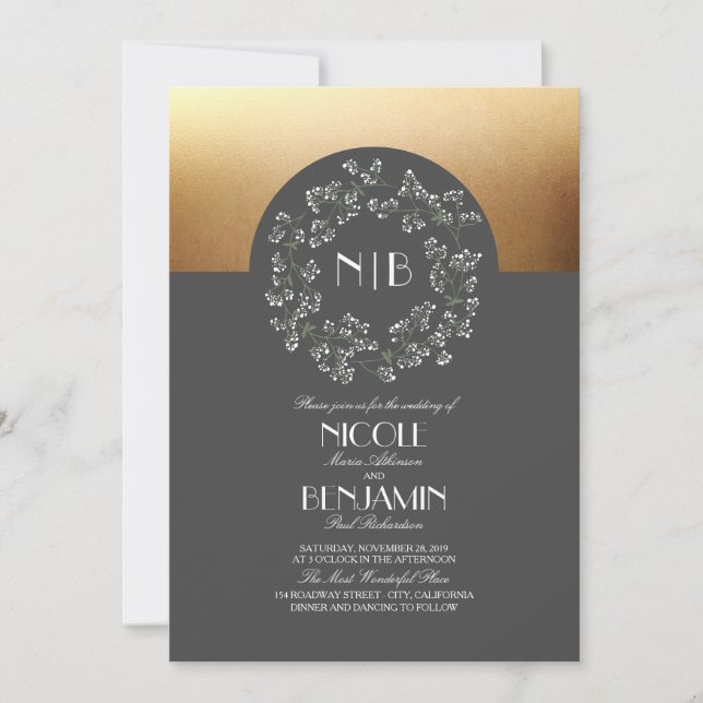 Vintage Baby's Breath Wreath Gold Wedding Invitation (Front)