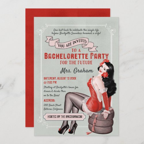 Vintage Bachelorette Retro Pin Up Girl Teal Red Invitation