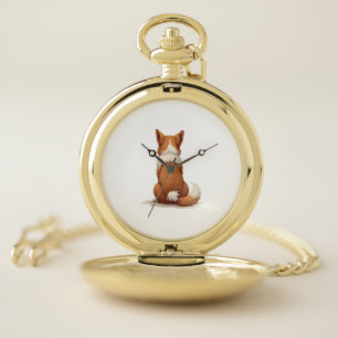 Vintage Back View Dog Illustration on White Backgr Pocket Watch