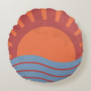 Vintage background with sea and sun. Summer retro Round Pillow