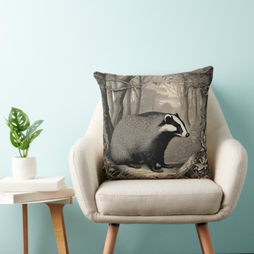 Vintage Badger in Forest Throw Pillow