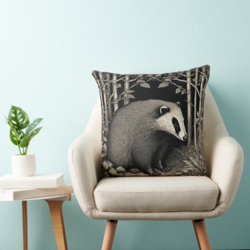 Vintage Badger in Tranquil Botanical Forest Throw Pillow