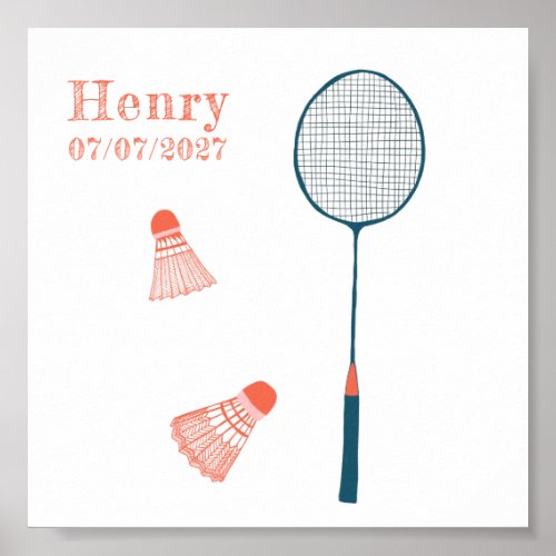Vintage Badminton CUSTOM BABY NAME BIRTHDATE Art Poster