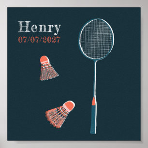Vintage Badminton CUSTOM BABY NAME BIRTHDATE Art Poster