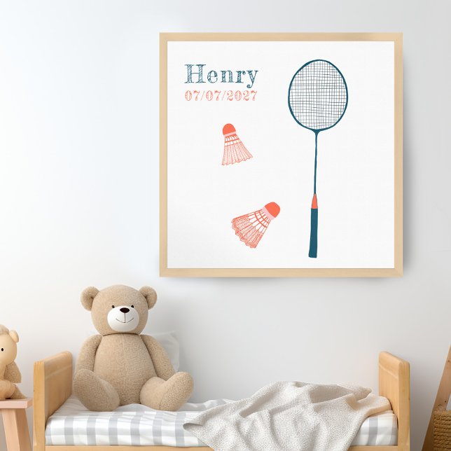 Vintage Badminton CUSTOM BABY NAME BIRTHDATE Art Poster (Vintage Badminton CUSTOM BABY NAME BIRTHDATE Art Nursery baby Room Poster Personalized Preppy)