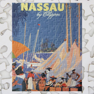 Vintage Bahamas Travel Art, Fly Nassau by Clipper Jigsaw Puzzle