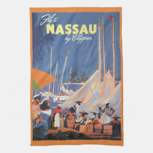 Vintage Bahamas Travel Art, Fly Nassau by Clipper  Kitchen Towel