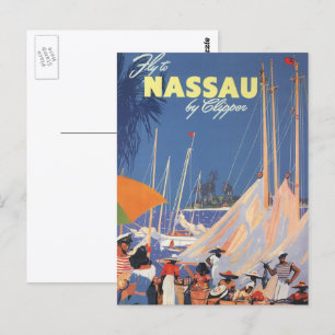 Vintage Bahamas Travel Art, Fly Nassau by Clipper Postcard