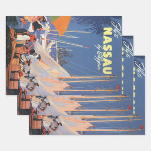 Vintage Bahamas Travel Art, Fly Nassau by Clipper Wrapping Paper Sheets