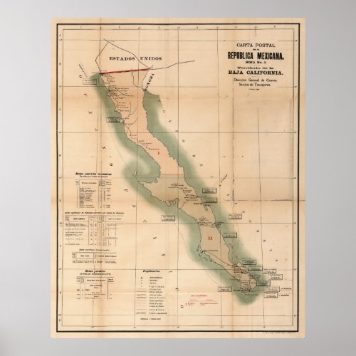 Vintage Baja California Postal Map 1904 Poster