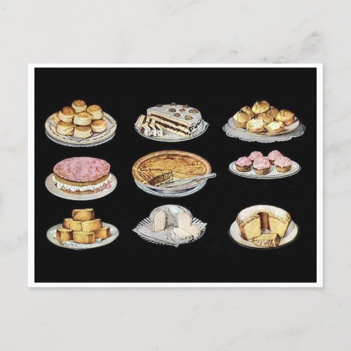 Vintage baked goods cakes pies biscuits postcard