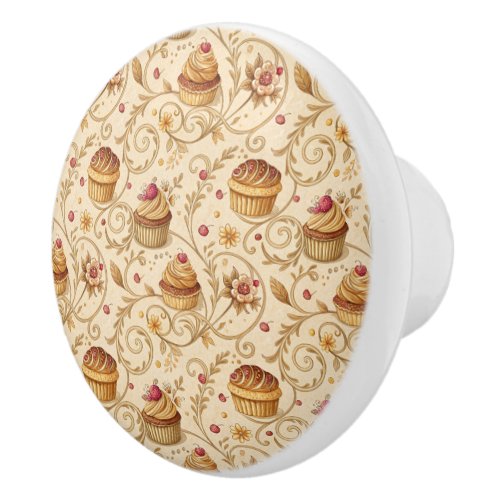 Vintage Bakery Cupcake Floral Design Ceramic Knob