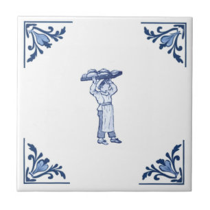 Vintage Bakery Delivery Boy Delft Blue & White Ceramic Tile