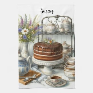 Vintage Bakery Teacup Teapot and Chocolate Cake  Kitchen Towel
