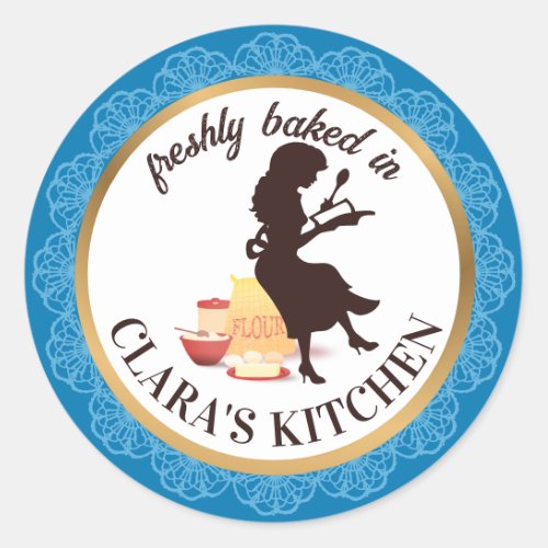 Vintage bakery woman baking flour personalized classic round sticker