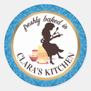 Vintage bakery woman baking flour personalized classic round sticker
