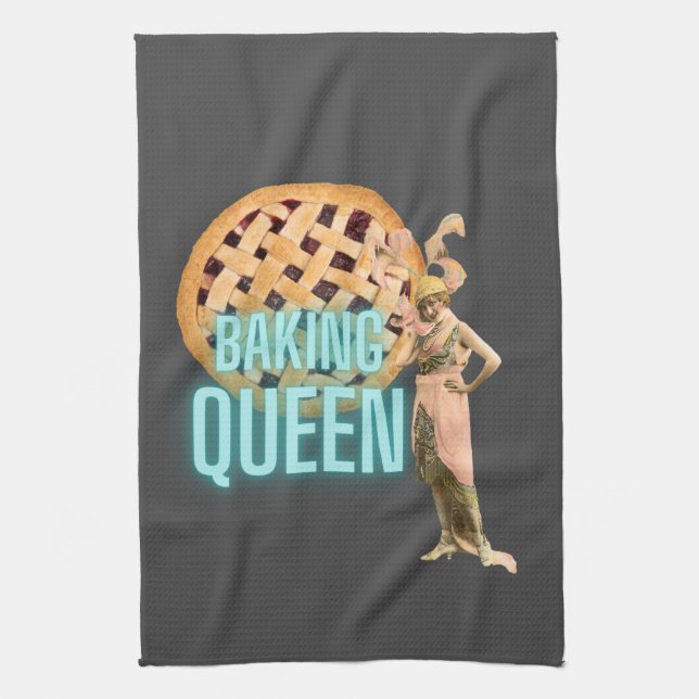 Vintage Baking Queen on Gray  Kitchen Towel (Vertical)