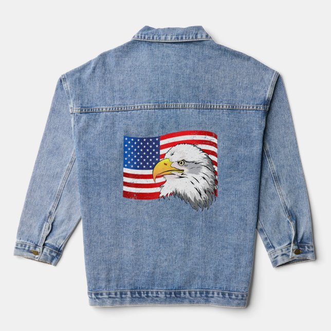 Vintage Bald Eagle American Flag  Denim Jacket (Back)