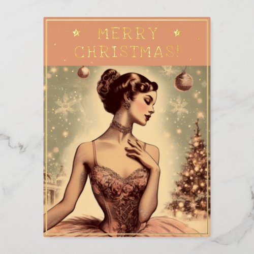 Vintage Ballerina Christmas Theme Greetings Retro Foil Holiday Postcard