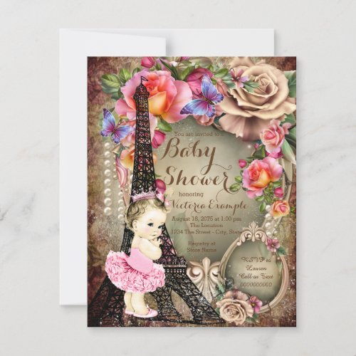 Vintage Ballerina Eiffel Tower Paris Baby Shower Invitation