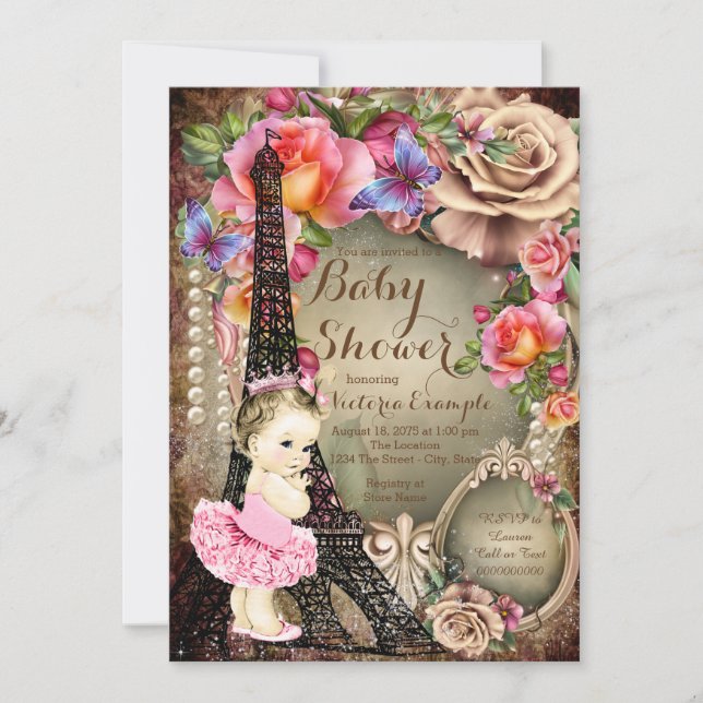 Vintage Ballerina Eiffel Tower Paris Baby Shower Invitation (Front)
