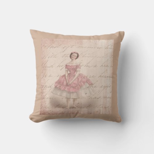Vintage Ballerina Girl in a Pink Tutu Throw Pillow