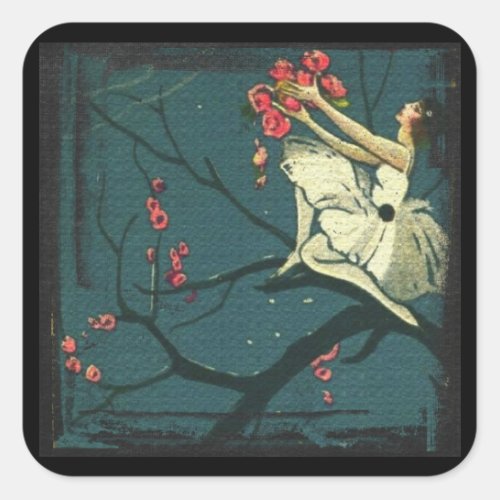 Vintage ballerina in cherry tree illustration  square sticker