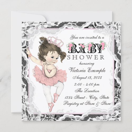 Vintage Ballerina Lace Pink and Black Baby Shower Invitation