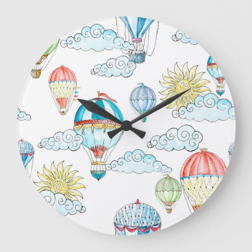 Vintage Balloons Whimsical Watercolor Seamless Large Clock