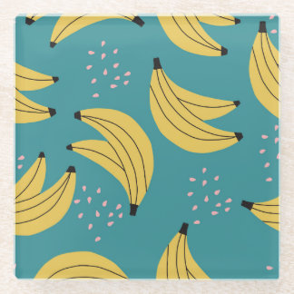 Vintage banana pattern, blue background. glass coaster