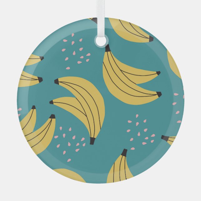 Vintage banana pattern, blue background. glass ornament (Front)
