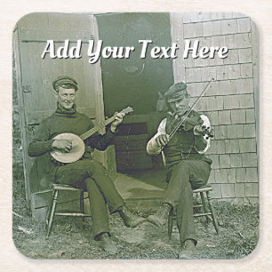 Vintage banjo and fiddle players in Nantucket Square Paper Coaster