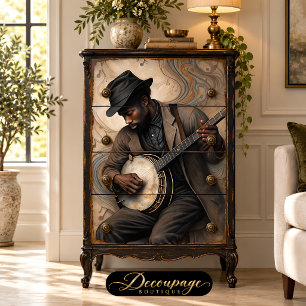 Vintage Banjo Musician w/ Swirling Notes Decoupage Tissue Paper