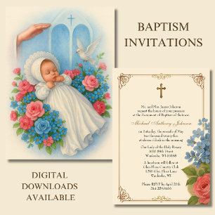 Vintage Baptism Baby Pink Blue Floral Holy Spirit  Invitation
