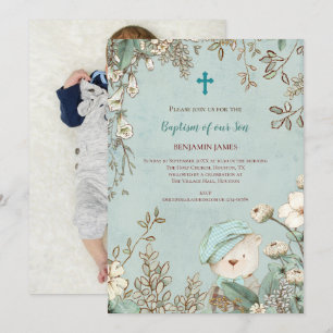 Vintage Baptism Cute Bear Photo Leaves Baby Boy Invitation